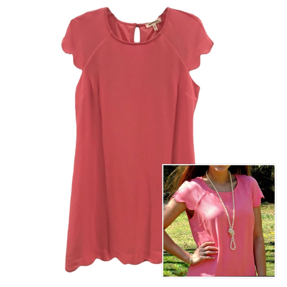 MONTEAU Scalloped Crepe Shift Dress in Melon